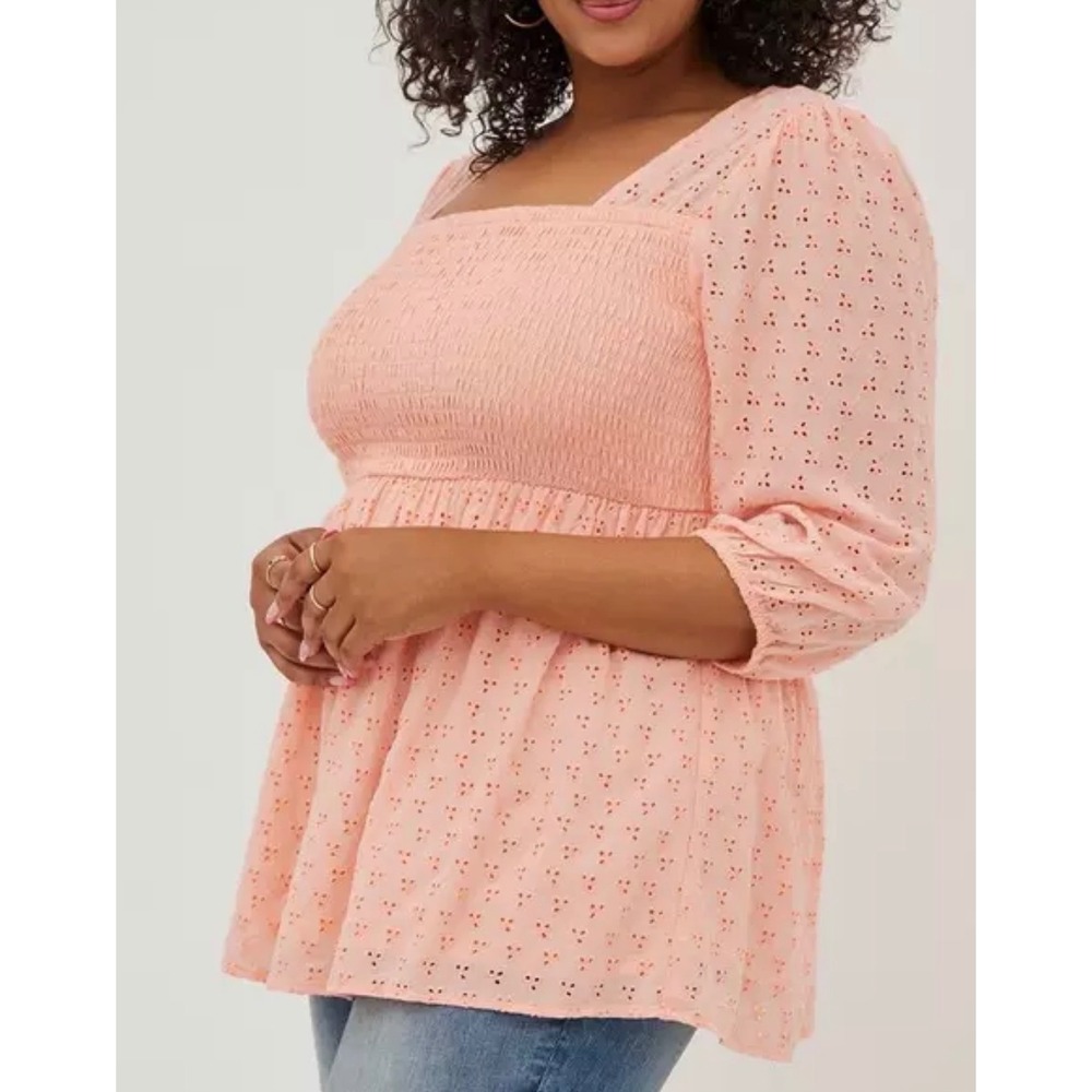 Torrid Plus Size 3 3X 22 24 Peach Eyelet Smocked Babydoll Top Shirt 3/4 Sleeve
